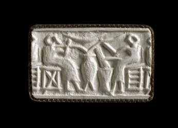 Cylinder Seal Impression of Two Seated Figures Drinking through Tubes, Kish, Iraq, Probably c.2500 BC